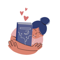 Illustration einer Frau, die ein Buch umarmt